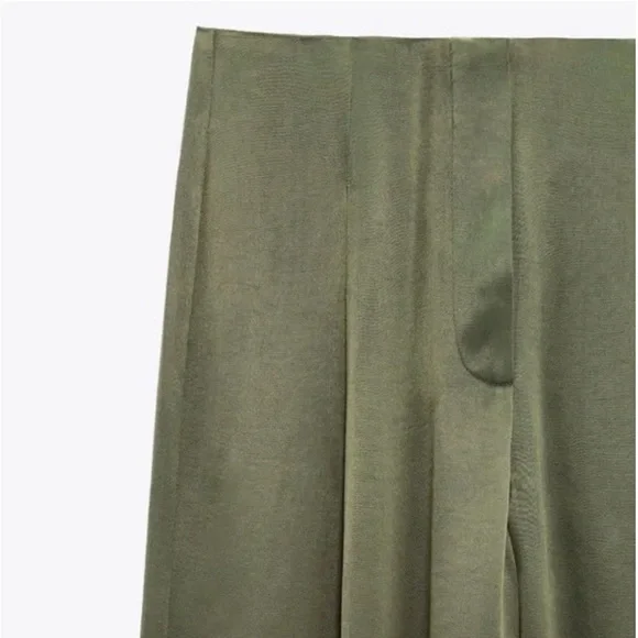 Zara Satin Effect Full Length Dart Pants in Olive - Picture 2 of 8